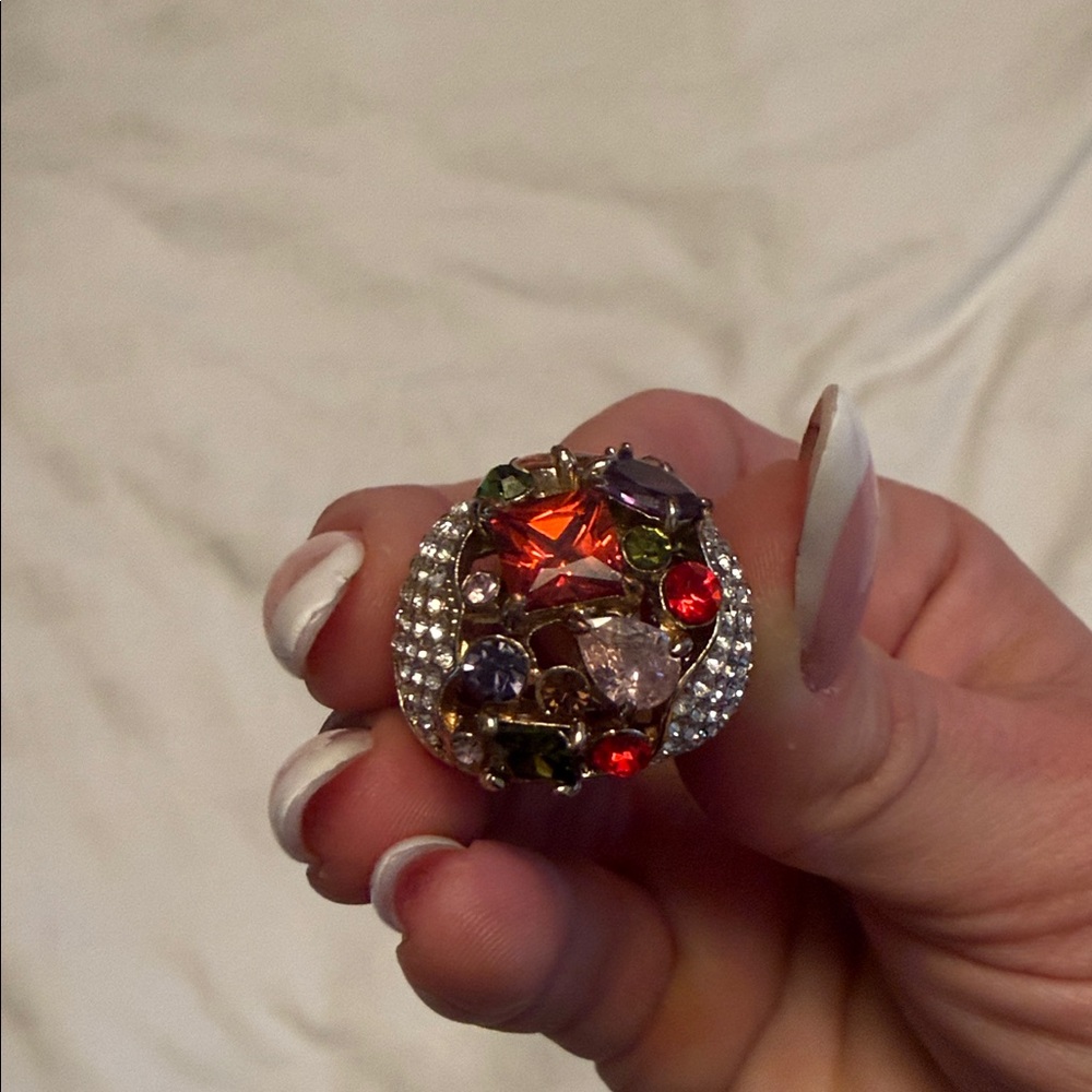 Colorful Rhinestone Statement Ring – Size 6.5 – Gold Tone – Costume Jewelry